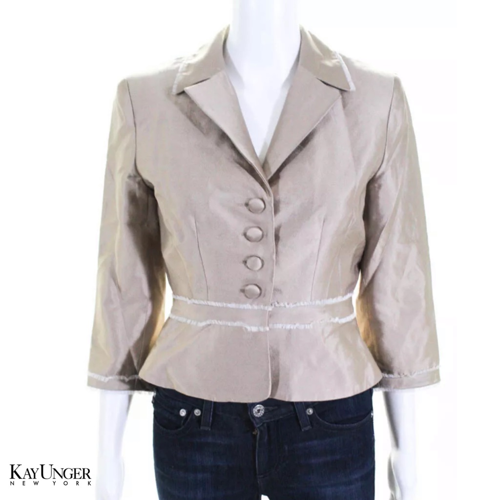 Kay Unger Classy Beige/Wht Pleated Buttonup Blazer